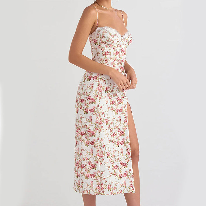 Lace Floral Print Slit Dress – Sexy Summer Suspender Dress for Women - Vibin Sleek Fashion